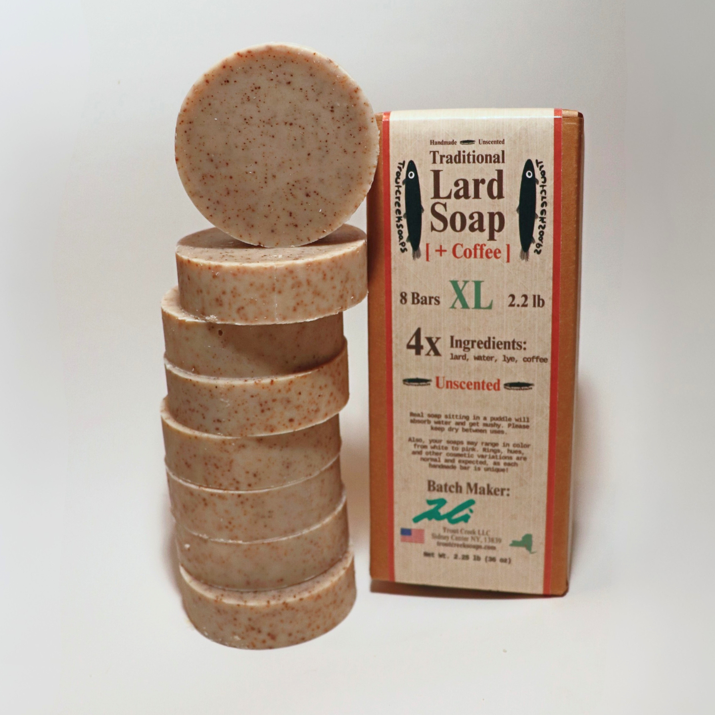 Traditional Lard Soap +Coffee: XL Case 8 Bars, 2.2lb